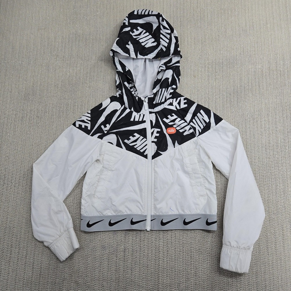 Nike Jacket Youth Small White Black Windrunner Hooded Crop Swoosh CJ7426-104